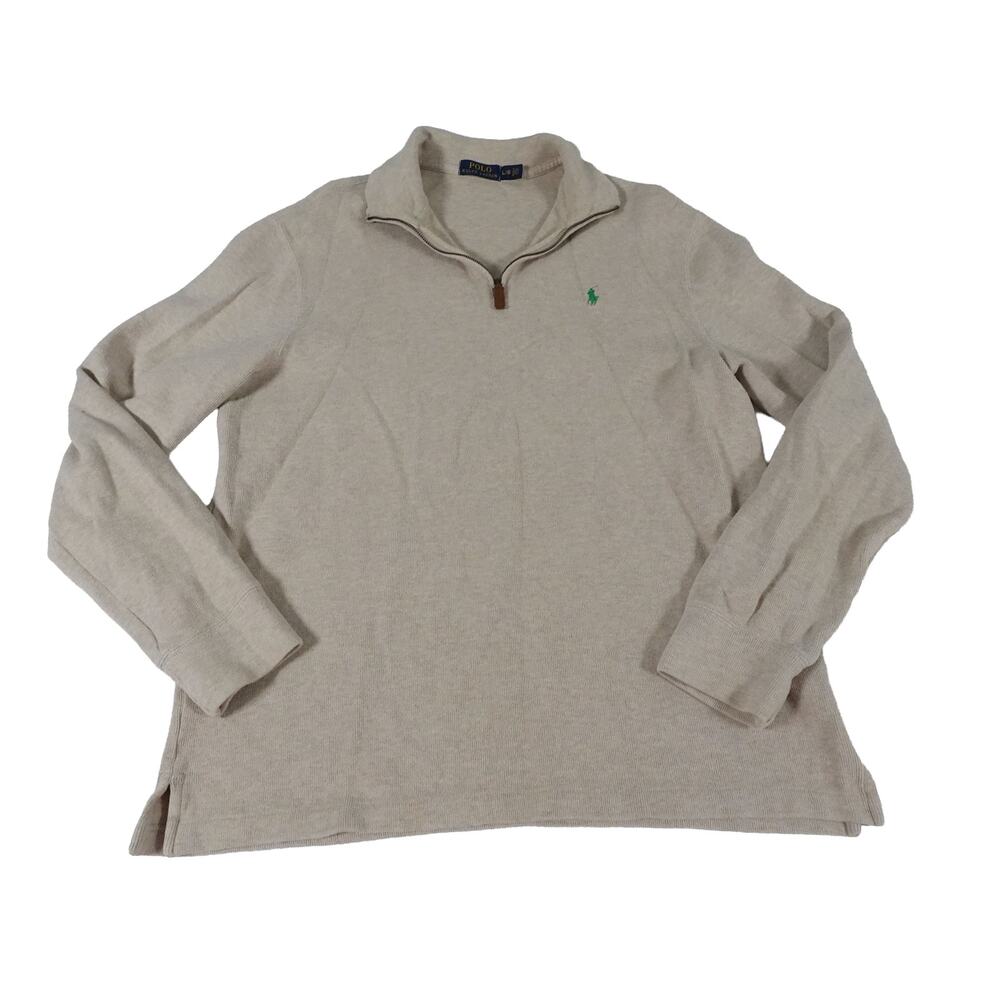 Ralph Lauren 1/4 Zip Pullover Cotton Beige Green Pony Sweater Men's Large